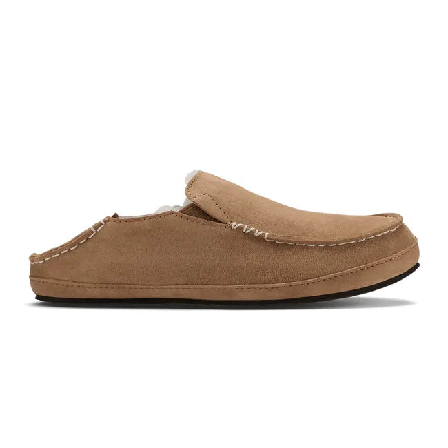 Lateral side of a tan nubuck Women's Olukai Nohea Slipper with Drop in Heel down