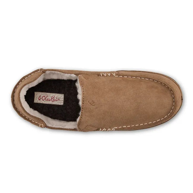 Top down view of a tan nubuck Women's Olukai Nohea Slipper with white shearling inner lining