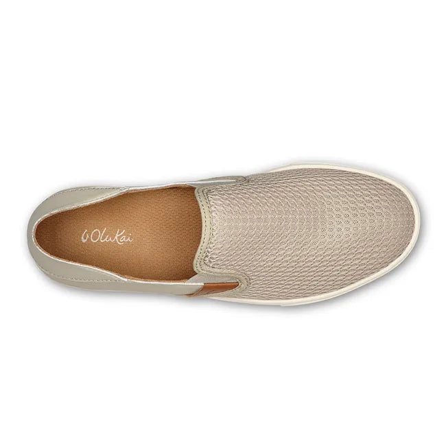 Top down view of slip on Women's Olukai Pehuea Shoe in beige mesh