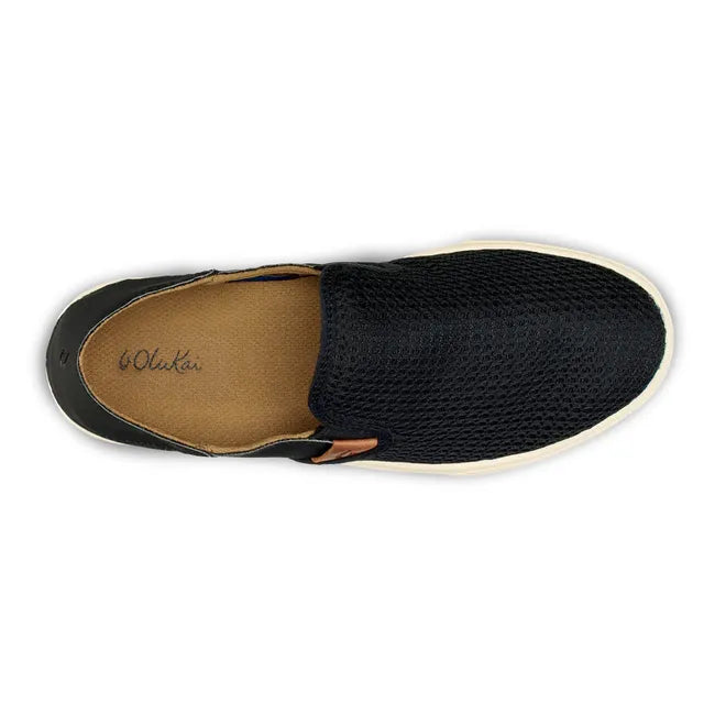 Top down view of slip on Women's Olukai Pehuea Shoe in black mesh