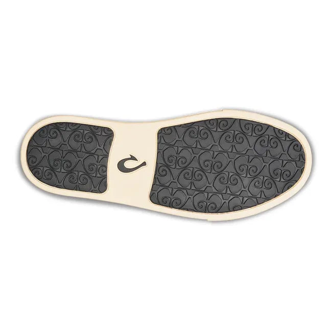 Sole of slip on Women's Olukai Pehuea Shoe in black mesh upper with off white sole and black tread