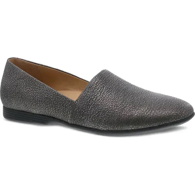 Angled view of Women&#39;s Dansko Larisa Flat in Pewter Metallic Leather