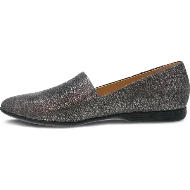 Side view of Women's Dansko Larisa Flat in Pewter Metallic Leather