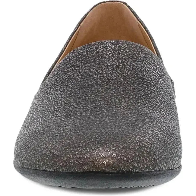 Front view of Women&#39;s Dansko Larisa Flat in Pewter Metallic Leather