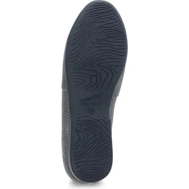Bottom view of Women&#39;s Dansko Larisa Flat in Pewter Metallic Leather