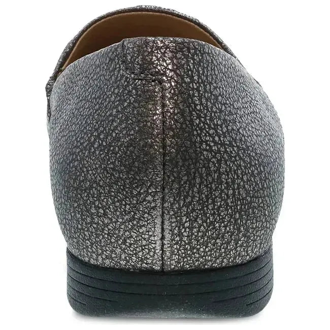 Back view of Women&#39;s Dansko Larisa Flat in Pewter Metallic Leather