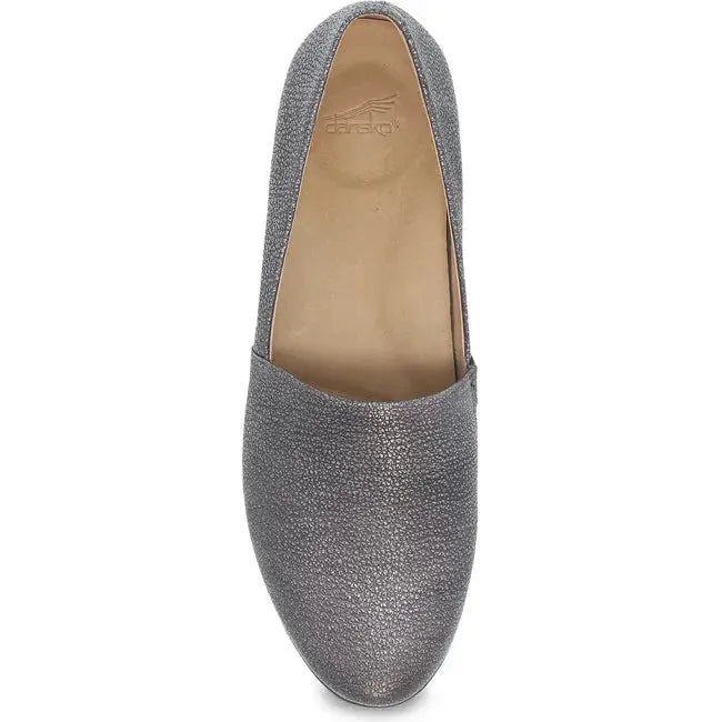 Top view of Women&#39;s Dansko Larisa Flat in Pewter Metallic Leather