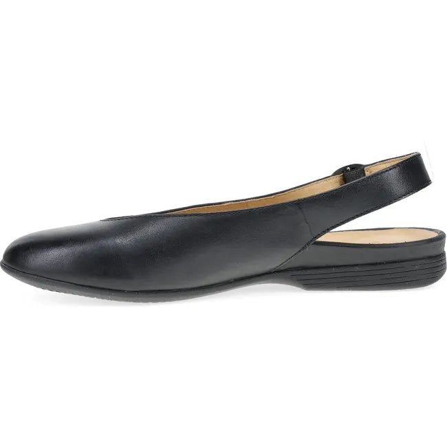 Medial side of Women's Dansko Lea Flat in black leather with pointed toe and backstrap