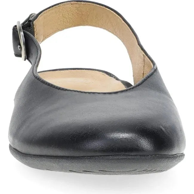 Front of Women's Dansko Lea Flat in black leather with pointed toe and backstrap