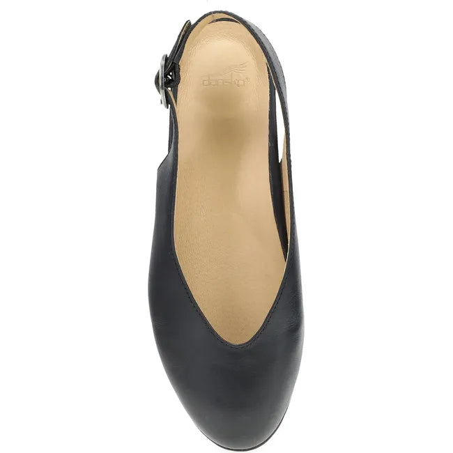 Top down view of Women's Dansko Lea Flat in black leather with pointed toe and backstrap