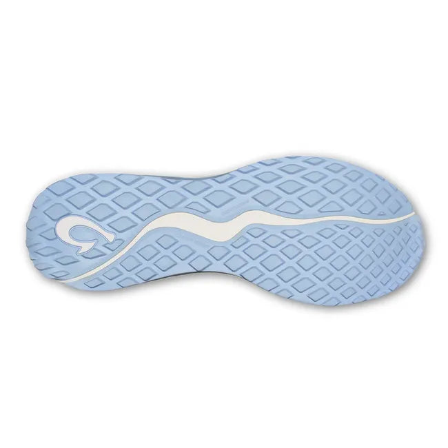 Sole of women's Olukai Huia Sneaker in Blue. White sole and light blue non-marking rubber tread