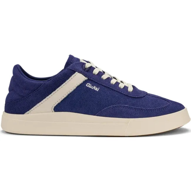 Lateral side of Women's Olukai Haupu Sneaker in navy blue suede