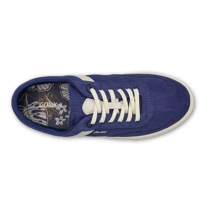 Top down view of Women's Olukai Haupu Sneaker in navy blue suede