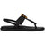 Lateral side of women's Olukai Lai T Bar sandal in black leather with brown buckle on instep