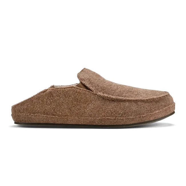 Lateral side of a Tan Women's Olukai Nohea Hulu Slipper with signature Drop in Heel down