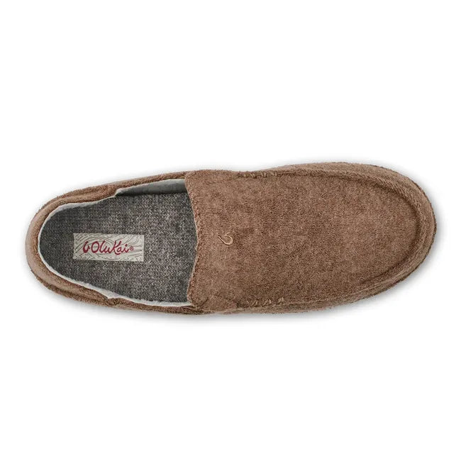 Top down view of a Tan Women's Olukai Nohea Hulu Slipper with fleece material