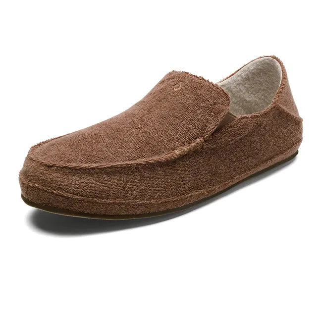 Front angled view of a Tan Women's Olukai Nohea Hulu Slipper with fleece material