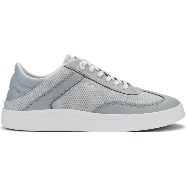 Lateral side of Olukai Haupu Hulu Sneaker in grey, with mesh and leather upper, and a white sole