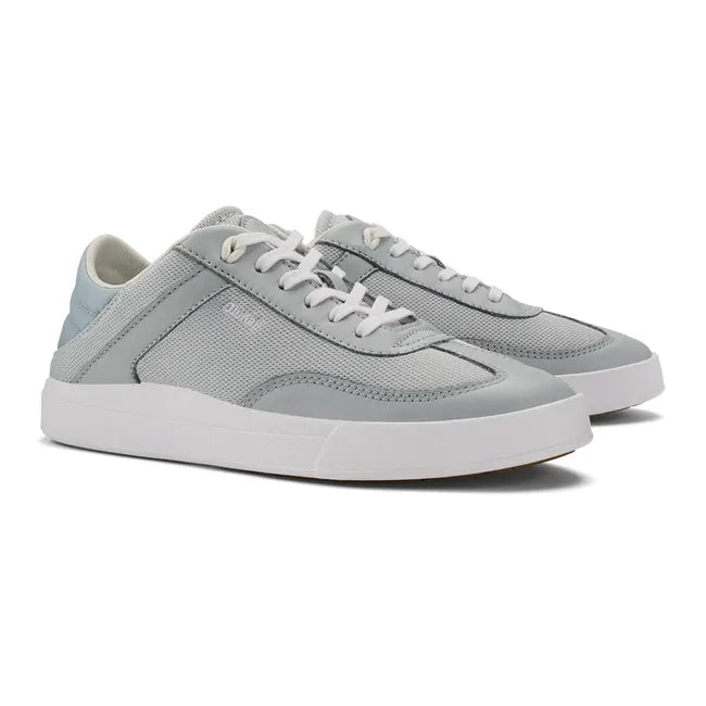 Pair of Olukai Haupu Hulu Sneaker in pale grey, with mesh and leather upper, and a white sole.