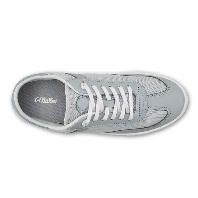 Top down view of Olukai Haupu Hulu Sneaker in grey, with mesh and leather upper, and a white sole.