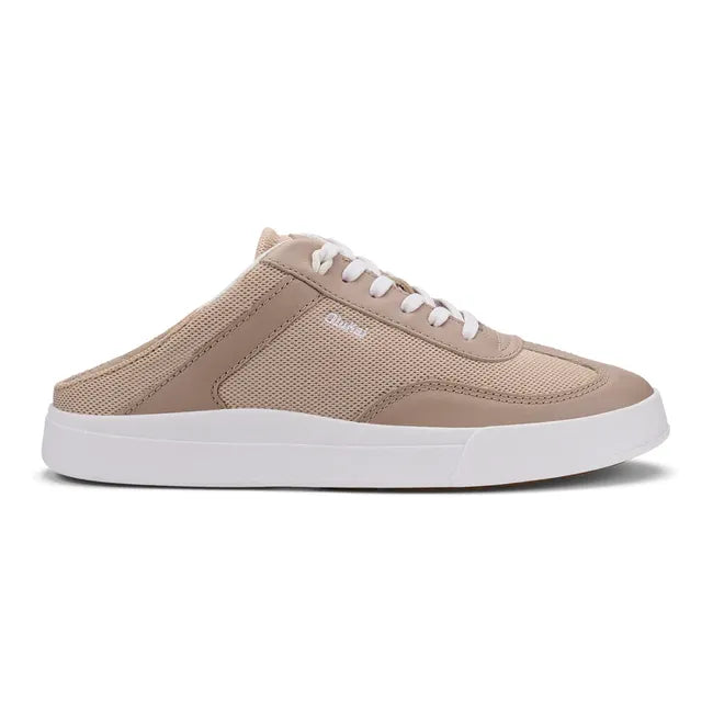 Lateral side of Olukai Haupu Hulu Sneaker in tan mesh and leather upper with  the dropin heel down