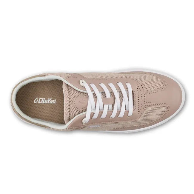Top down view of Olukai Haupu Hulu Sneaker in Tan with a mesh and leather upper and a white sole