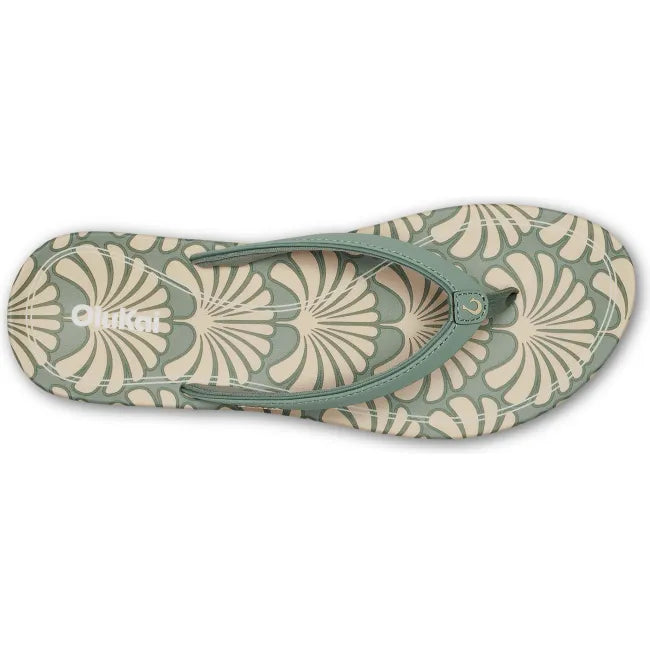 Top of Olukai Women's 'Uiki Flip Flop in Silver Pine Pa'i