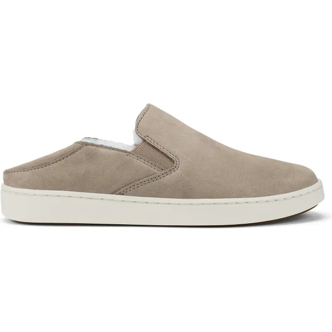 Olukai Women's Pehuea Cozy Slip-On Shoe in Taupe Grey with the Drop-In Heel folded down