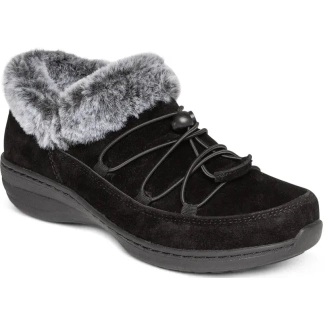 Front angled view of Aetrex Women's Chrissy Bootie in Black Suede