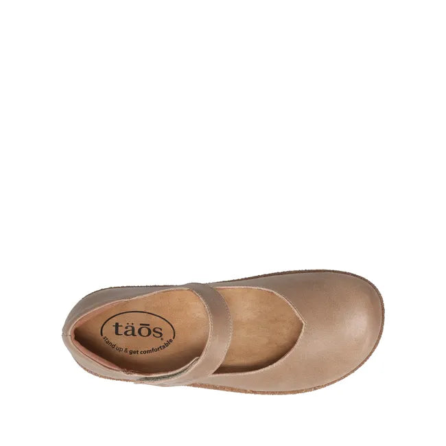 Upper of Women's Taos Ultimate Mary Jane Shoe in Mushroom Beige Leather with velcro strap