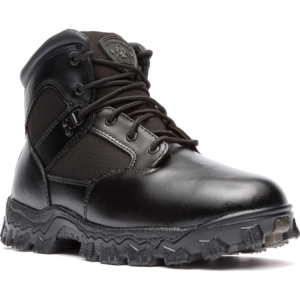 Front angled view of Rocky Men's AlphaForce 6 inch Waterproof Boot in Black