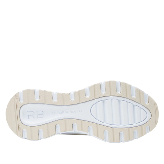 Sole of Women&#39;s Alegria Waze slip on shoe in sand color knit upper and white slip resitant sole