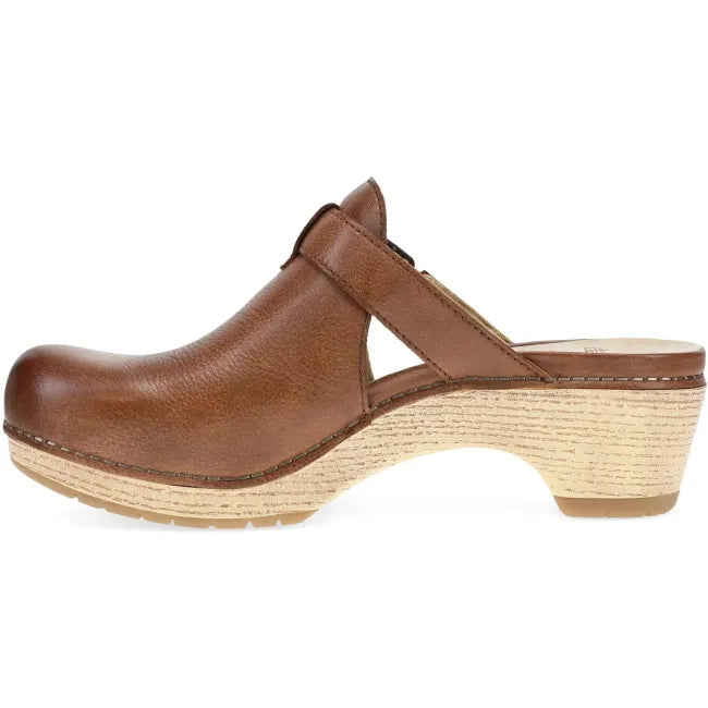 Dansko Leandra clog in brown leather, side profile showing block heel