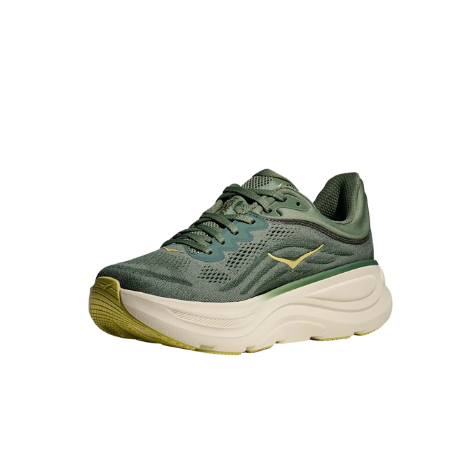 Angled medial side of Hoka Men's Bondi 9 Running Shoe in Succulent Fern