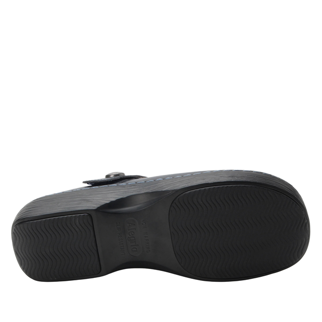 Black slip resistant sole of Alegria Women's Onika Mary Jane Shoes in Official Navy Blue