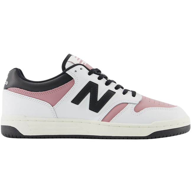 Lateral side of Unisex New Balance 480 Lifestyle Shoe in white, rosewood pink, and black leather