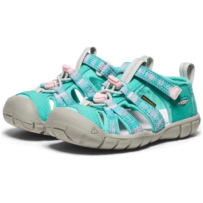 Pair of KEEN Little Kids Seacamp II CNX Sandal in Bright Aqua and Giggle Pink