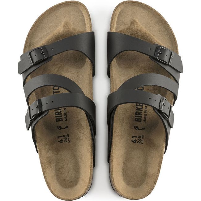 Top-down view of black Birko-Flor Birkenstock Salina sandals with three straps and cork footbed.