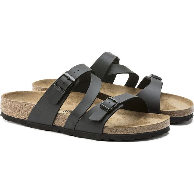A pair of black Birko-Flor Birkenstock Salina sandals with three straps.