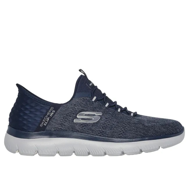 Navy blue Skechers Slip-ins Summits Key Pace men’s sneaker with elastic laces and mesh, lateral view.