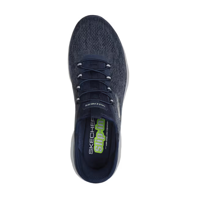 Top-down view of navy blue Skechers Slip-ins Summits Key Pace men’s sneaker with elastic laces and padded collar.