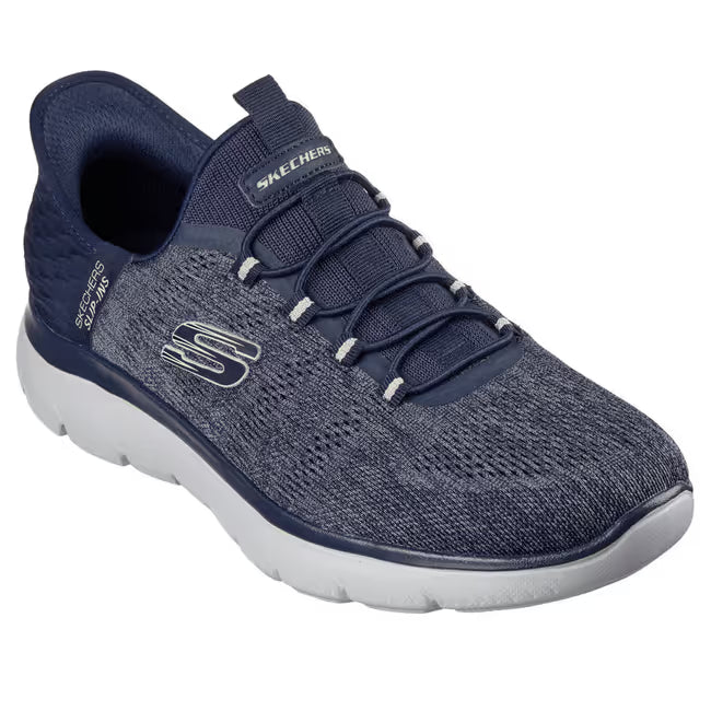 Navy blue Skechers Slip-ins Summits Key Pace men’s sneaker with knit upper and white sole, angled front view.