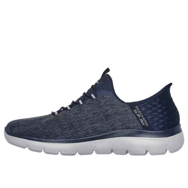 Navy blue Skechers Slip-ins Summits Key Pace men’s sneaker with elastic laces and mesh, medial view.