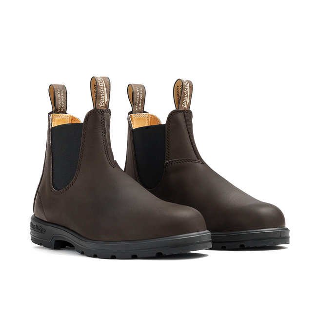 Front angled view of a pair of Blundstone Unisex Classics 2340 Chelsea Boots in brown leather