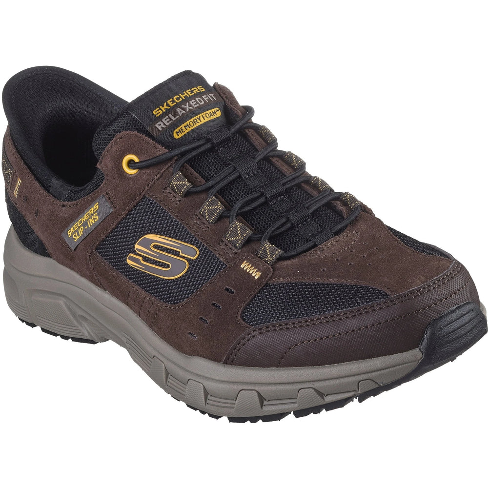 Three-quarter view of Skechers Men's Slip-ins Relaxed Fit Oak Canyon Sneaker in Brown/Black