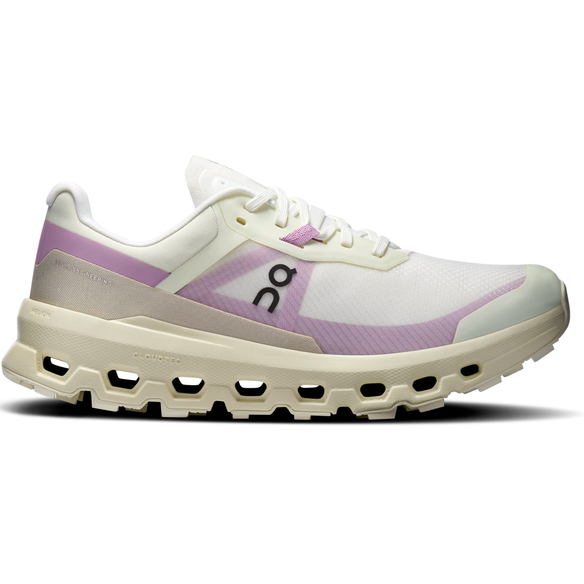 Lateral side of On Running Women's Cloudvista 2 Trail Running Shoe in Ivory and Purple