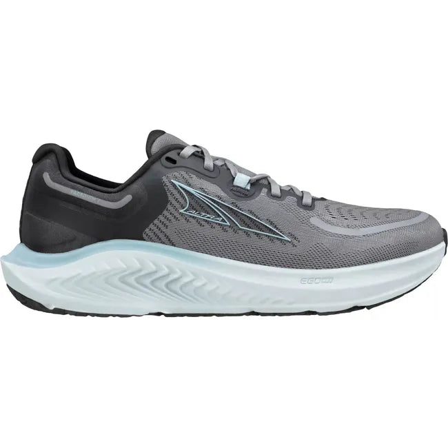 Lateral side of Altra Women's Paradigm 7 Running Shoe in dark gray with light blue accents