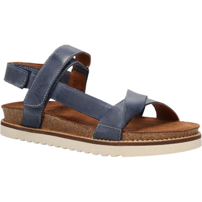 Front angled view of Women's Taos Sideways Sandal in Dark Blue leather with velcro straps