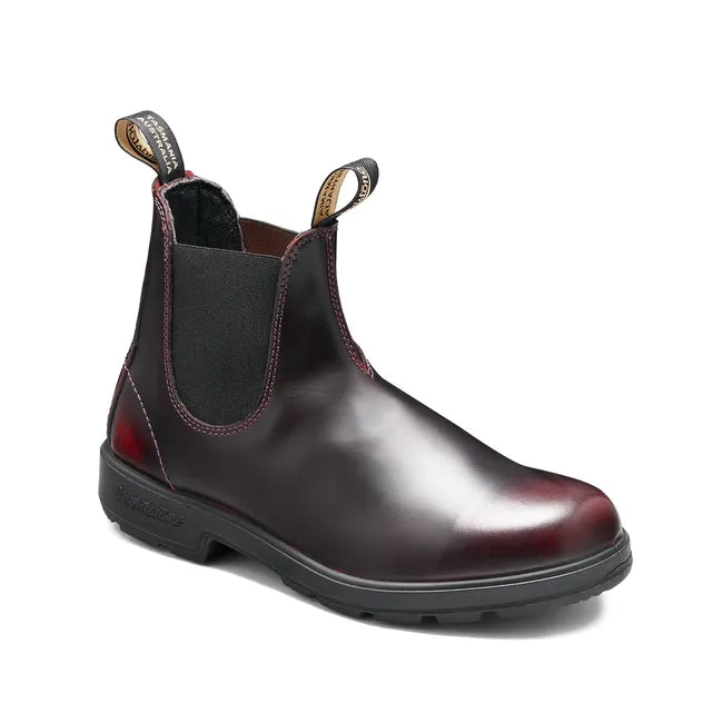 Front nagled view of Unisex Blundstone 2412 Chelsea Boot in Bordeaux Brush leather