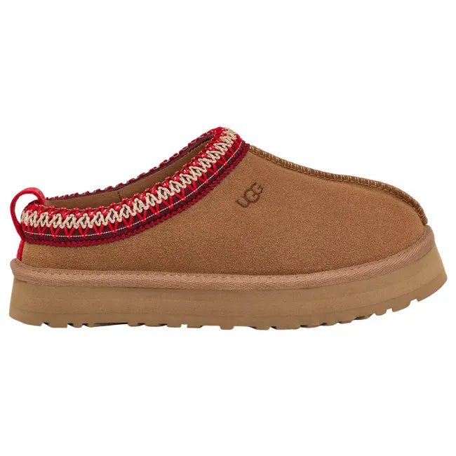 Side of UGG Youth Tazz Slipper in Chestnut Brown Suede